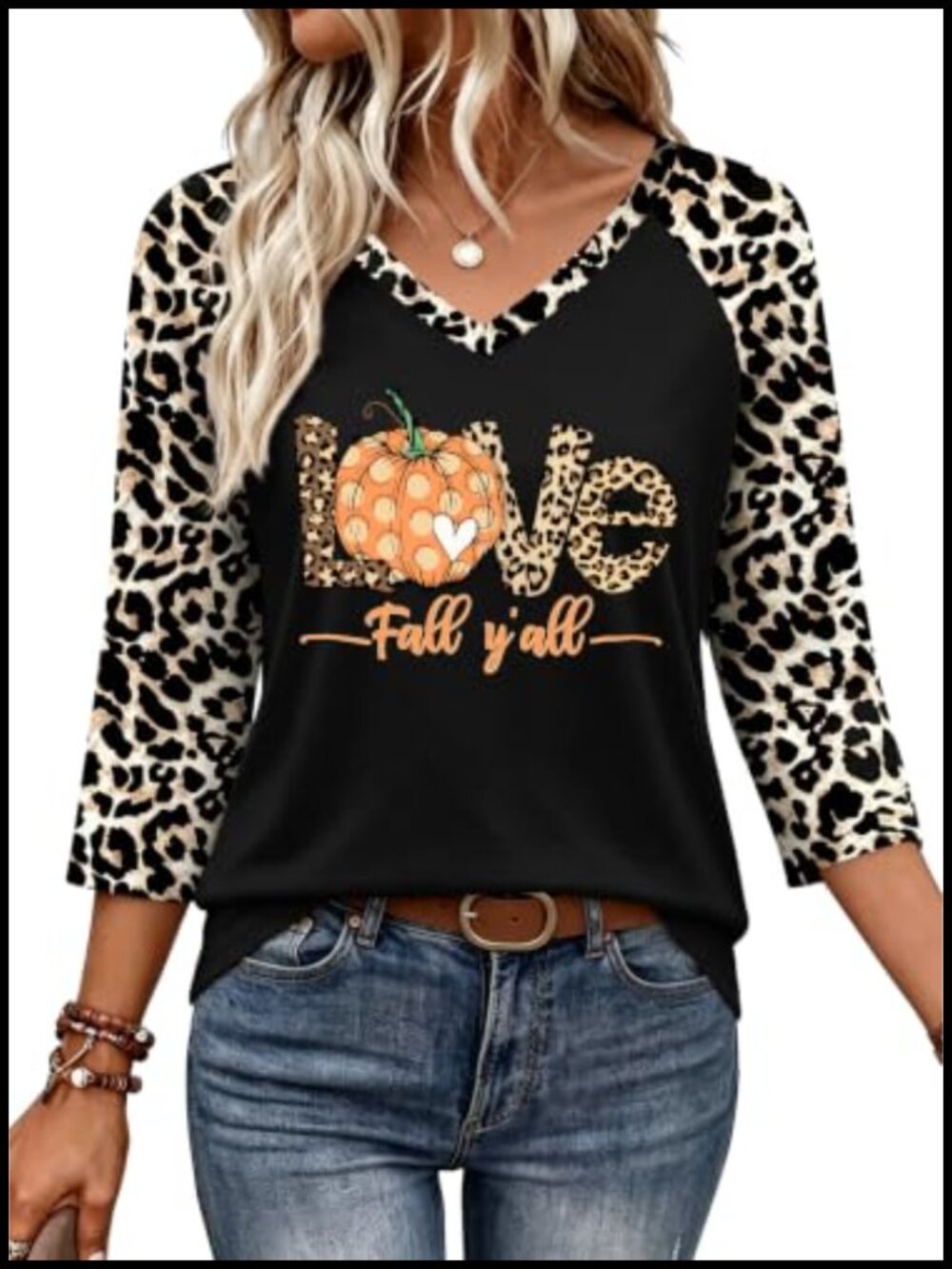 Women's 3/4 Sleeve V-Neck Halloween T-Shirt Leopard Pumpkin Fall Tee